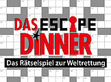 Logo mit dem Schriftzug "Das Escape Dinner - Das Rätselspiel zur Weltrettung" und einem Kreuzworträtsel im Hintergrund