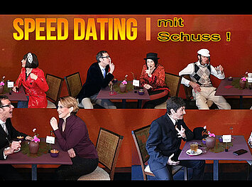 Blick auf einen Speisesaal in dem an verschiedenen Tischen Speed Datings durchgeführt werden.