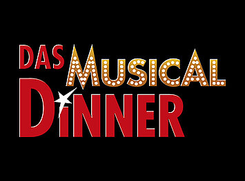 Das Logo für Das Musical Dinner, mit dem Schriftzug Das Musical Dinner. Wobei Das und Dinner in roter Schrift zu sehen sind und Musical in goldener Farbe, mit weißen Punkten verziert ist.