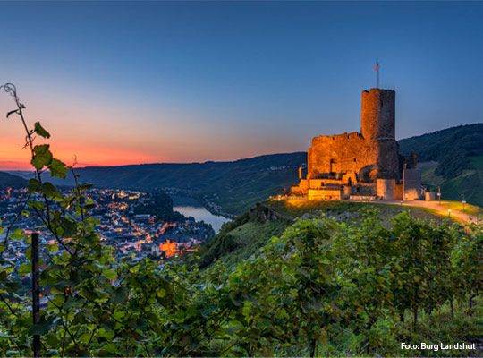 beleuchtete Burg in den Weinbergen beim Krimidinner