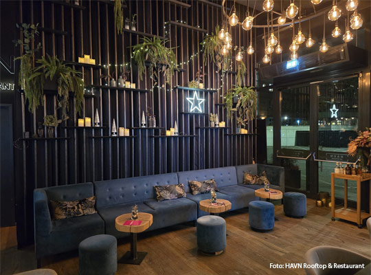 moderner und eleganter Raum, mit blauem Samtsofa