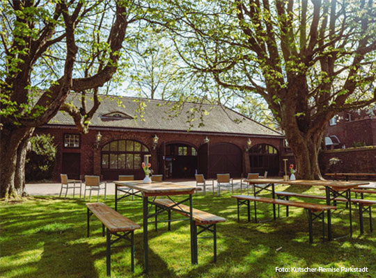 Backsteingebäude mit bestuhlter Rasenfläche im Vordergrund