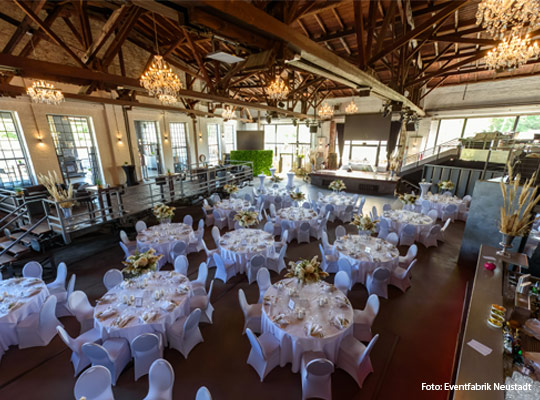 großer Saal mit festlich gedeckten runden Tischen und Blumenarrangements