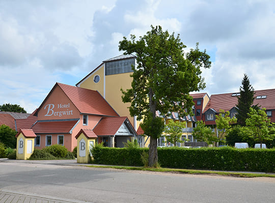 Blick von der Straße auf das schöne Hotel-Gebäude inklusive schöner Hecke und großem grünblühenden Baum.