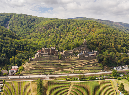 Blick vom anderen Rheinufer auf die wunderschöne Burg Reichenstein, unvergessliches Dinnerkrimi erleben!