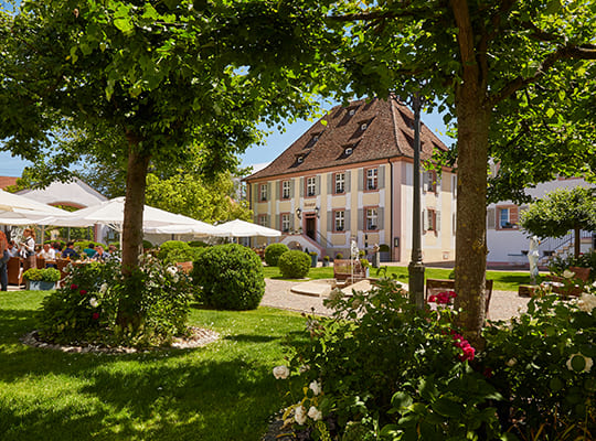 Riesiger Schlossgarten mit viel Grün und einem schönen Biergarten inklusive großen Sonnenschirmen