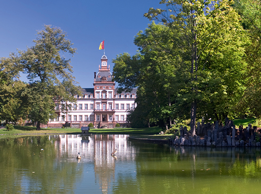 Schloss Philippsruhe und großer See mit Bäumen