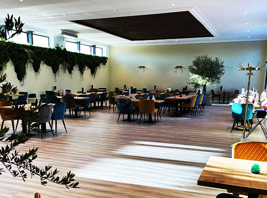 Mit schönen grünen Pflanzen dekorierter Speisesaal kombiniert mit moderner Inneneinrichtung beim Dinnerkrimi Hannover
