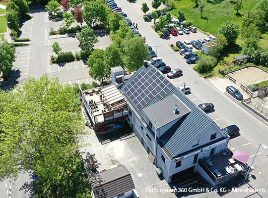 Vogelperspektive des Hotels mit grünen Bäumen im Umkreis und einer großen eindrucksvollen Terrasse für Open-Air Dinnerkrimi