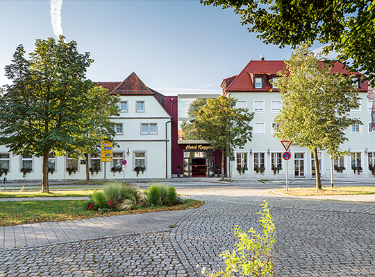 Außenansicht vom Hotel Rappen mit blauem Himmel und Bäumen