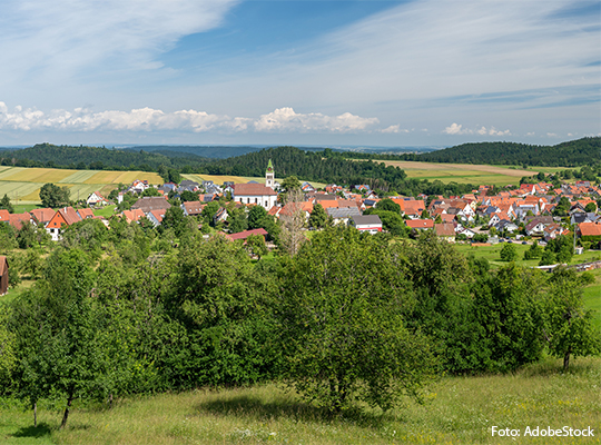 Ein kleines Dorf liegt hinter Bäumen versteckt 