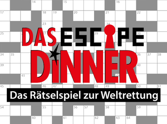Logo mit dem Schriftzug "Das Escape Dinner - Das Rätselspiel zur Weltrettung" und einem Kreuzworträtsel im Hintergrund