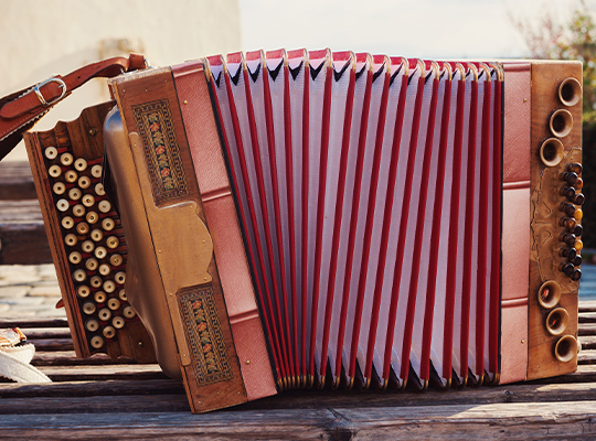 Holz-Ziehharmonika mit roten Details