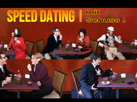 Blick auf einen Speisesaal in dem an verschiedenen Tischen Speed Datings durchgeführt werden.