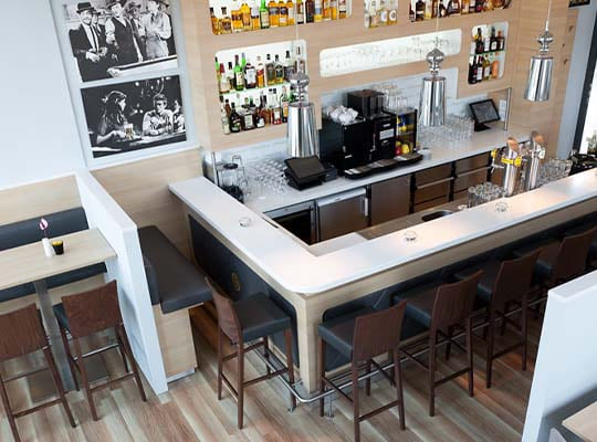 Moderne, stylische Bar-Ecke im Restaurantbereich mit Barhockern und toll gestalteter Barwand