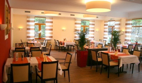 Einladend eingerichteter Restaurantbereich, mit bequemen Stühlen und Blick durch das Fenster ins Grüne.