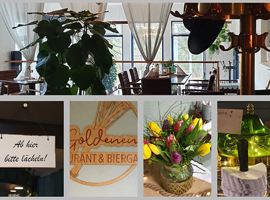 Bilder-Collage mit Blick auf den schönen Restaurant-Bereich, einem Schild mit der Aufschrift bitte lächeln und Blumen.