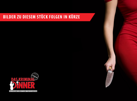Frau mit rotem Kleid und Messer neben dem Logo von Das Kriminal Dinner